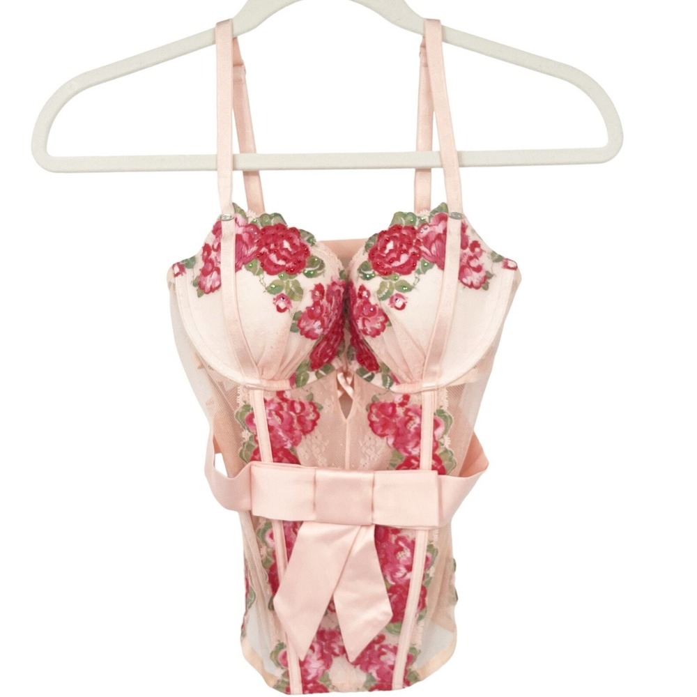 Victorias Secret Womens‎ Pink Floral Embroidered Coquette Bustier Corset Top 36B